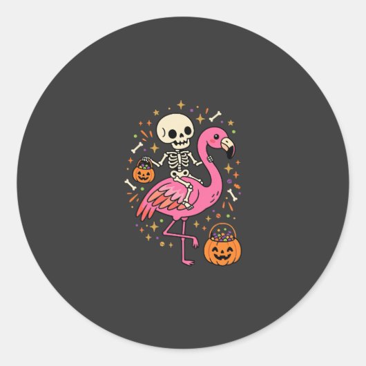 Halloween Flamingo Skelet Snoep Emmer Vector Afbee Ronde Sticker (Voorkant)
