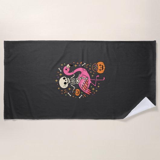 Halloween Flamingo Skelet Snoep Emmer Vector Afbee Strandlaken (Voorkant)