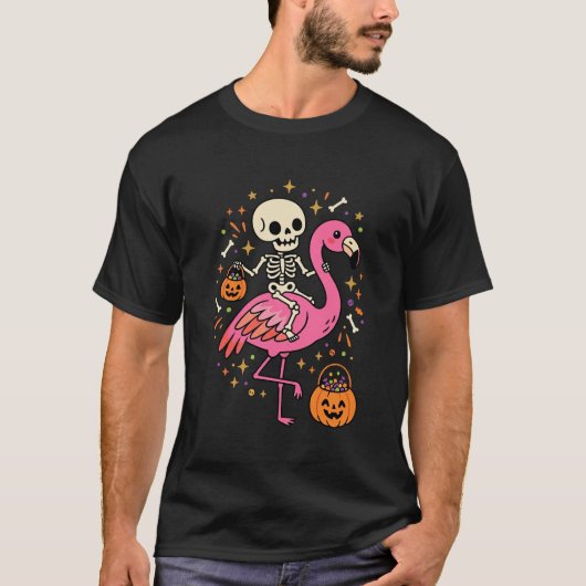 Halloween Flamingo Skelet Snoep Emmer Vector Afbee T-shirt (Voorkant)