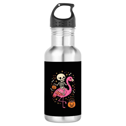 Halloween Flamingo Skelet Snoep Emmer Vector Afbee Waterfles (Voorkant)