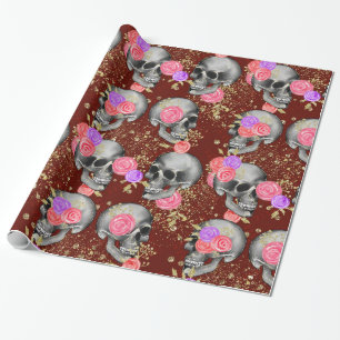 Halloween Floral Rozen Scary Creepy Skull Glitter Cadeaupapier
