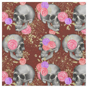 Halloween Floral Rozen Scary Creepy Skull Glitter Stof