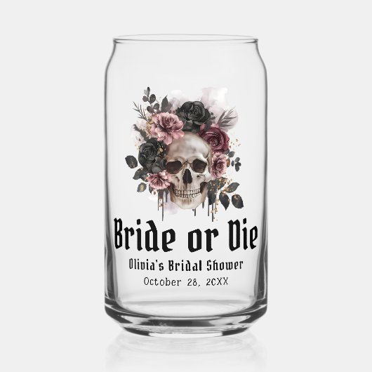 Halloween Floral Skull Bride or Die Vrijgezellenfe Blikvorm Glas (Voorkant)