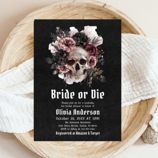 Halloween Floral Skull Bride or Die Vrijgezellenfe Kaart