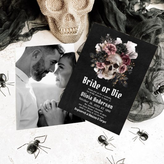 Halloween Floral Skull Bride or Die Vrijgezellenfe Kaart