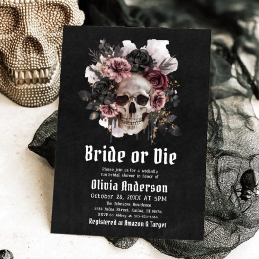 Halloween Floral Skull Bride or Die Vrijgezellenfe Kaart