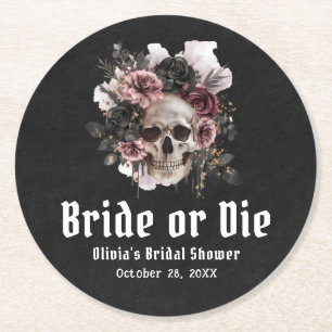 Halloween Floral Skull Bride or Die Vrijgezellenfe Ronde Kartonnen Onderzetter