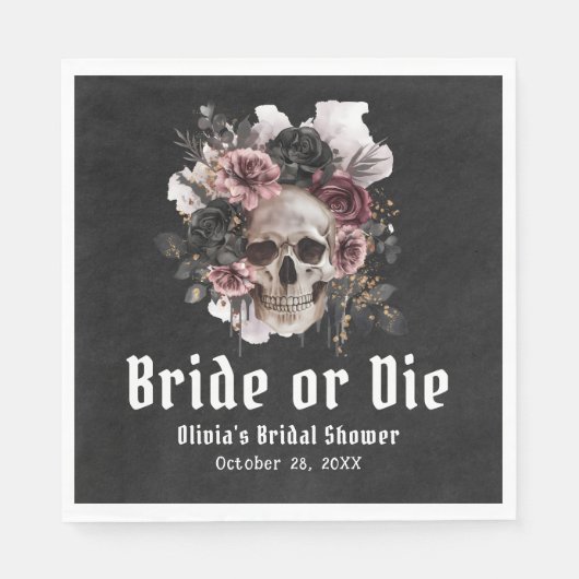 Halloween Floral Skull Bride or Die Vrijgezellenfe Servet (Voorkant)