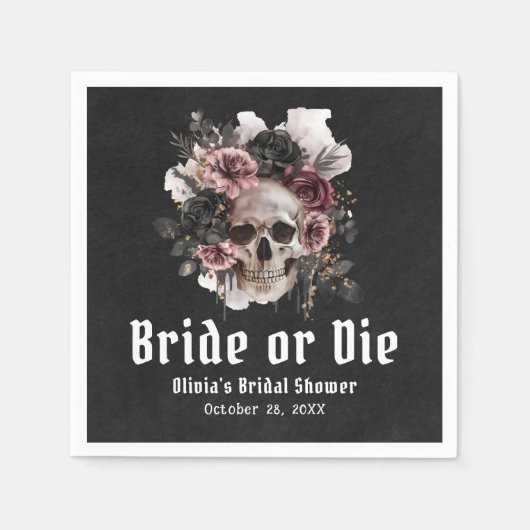 Halloween Floral Skull Bride or Die Vrijgezellenfe Servet (Voorkant)