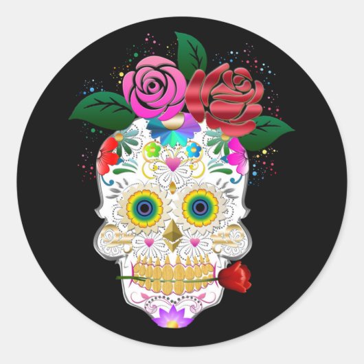 Halloween Floral Sugar Skull Classic Round Sticker (Voorkant)