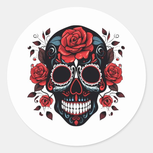 Halloween Floral Sugar Skull Ronde Sticker (Voorkant)