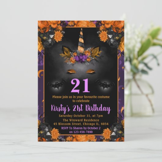 Halloween Floral Unicorn Face 21st Birthday Kaart (Staand voorkant)