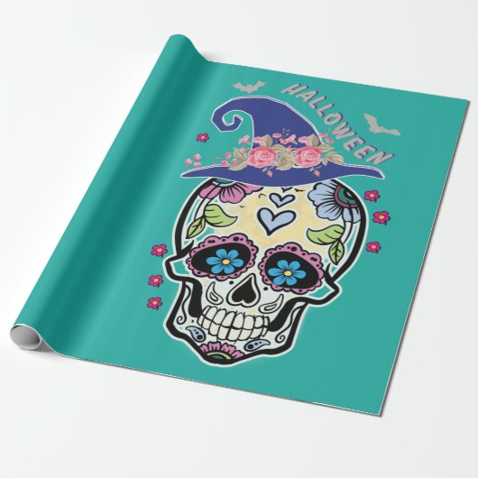 Halloween Flower Skull Cadeaupapier (Uitgerold)