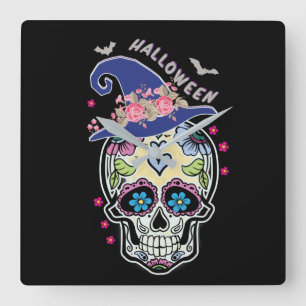 Halloween Flower Skull Vierkante Klok