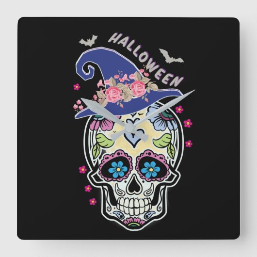 Halloween Flower Skull Vierkante Klok (Voorkant)
