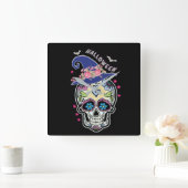 Halloween Flower Skull Vierkante Klok (Huis)