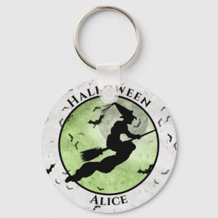 Halloween Flying Black Witch Silhouette Green Sleutelhanger