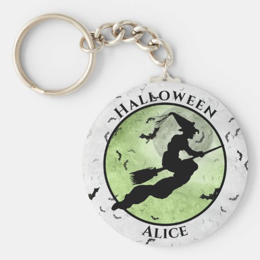 Halloween Flying Black Witch Silhouette Green Sleutelhanger (Voorkant)