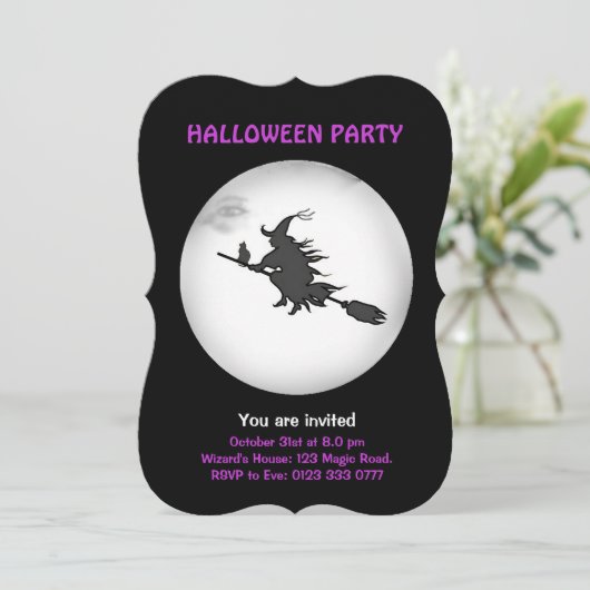 Halloween Flying Witch & Black Cat Uitnodiging (Staand voorkant)