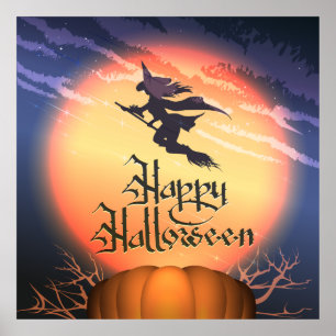 Halloween Flying Witch Broom Poster