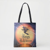 Halloween Flying Witch Broom Pumpkin Canvas tas (Voorkant)
