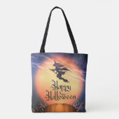 Halloween Flying Witch Broom Pumpkin Canvas tas (Achterkant)