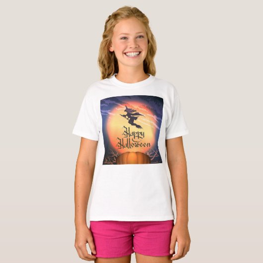 Halloween Flying Witch Broom Pumpkin T-Shirt (Voorkant volledig)