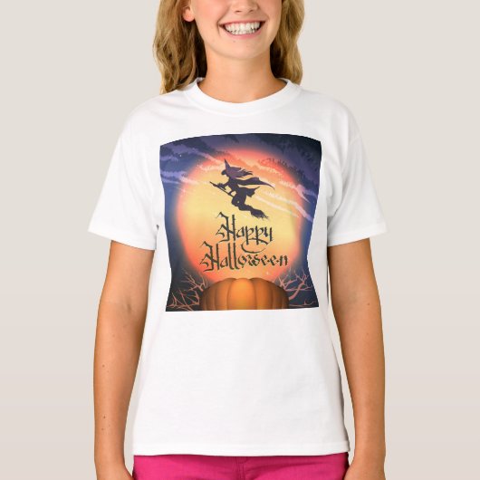 Halloween Flying Witch Broom Pumpkin T-Shirt (Voorkant)