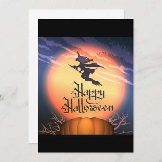 Halloween Flying Witch Broom Pumpkin Uitnodiging (Voorkant / Achterkant)
