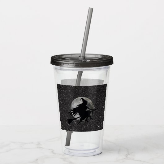 Halloween Flying Witch Cup met deksel en stro Acryl Drinkbeker (Achterkant)
