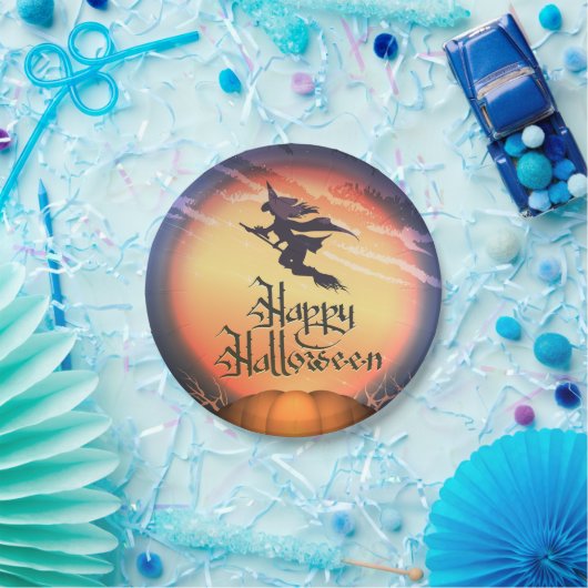 Halloween Flying Witch Papieren Bordje (Feest)
