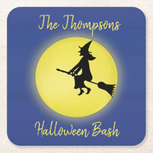 Halloween Flying Witch Silhouet in het maanlicht Kartonnen Onderzetters