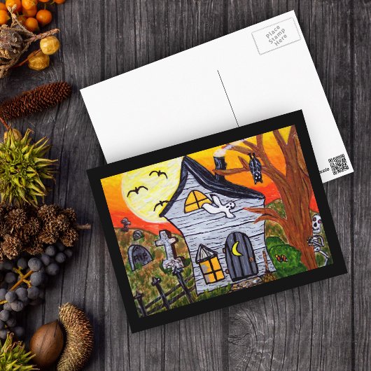 Halloween Folk Art Haunted House Scene Briefkaart