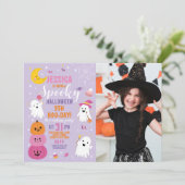 Halloween Foto Paarse Verjaardag Pompoenen Ghost Kaart (Staand voorkant)