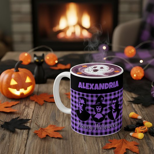 Halloween Frankenstein Heks Vampier Paars Plaid Koffiemok