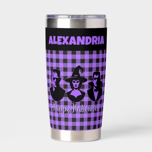 Halloween Frankenstein Witch Vampire Purple Plaid Geïsoleerde Drinkbeker (Achterkant)
