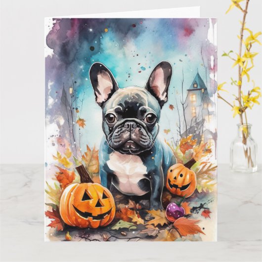 Halloween Franse Bulldog Met Pompoenen Eng Kaart (Gele Bloem)