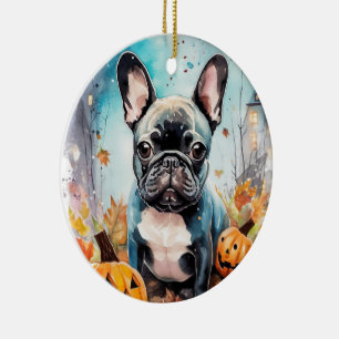 Halloween Franse Bulldog Met Pompoenen Eng Keramisch Ornament