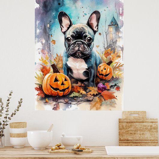 Halloween Franse Bulldog Met Pompoenen Eng Poster (Keuken)