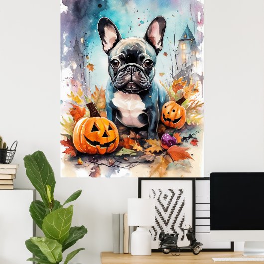 Halloween Franse Bulldog Met Pompoenen Eng Poster (Thuiskantoor)