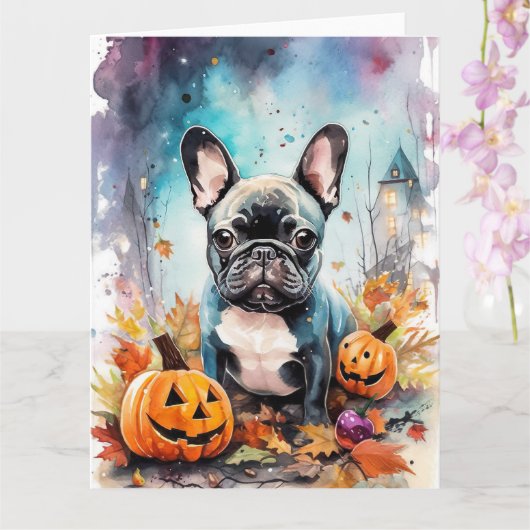 Halloween Franse Bulldog Met Pompoenen Griezelen Kaart (Orchidee)