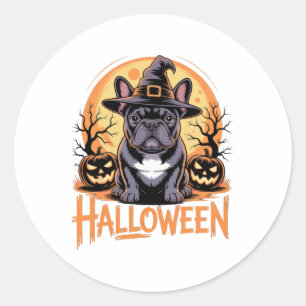 Halloween Franse Bulldog Outfit met heks Pet en Ronde Sticker