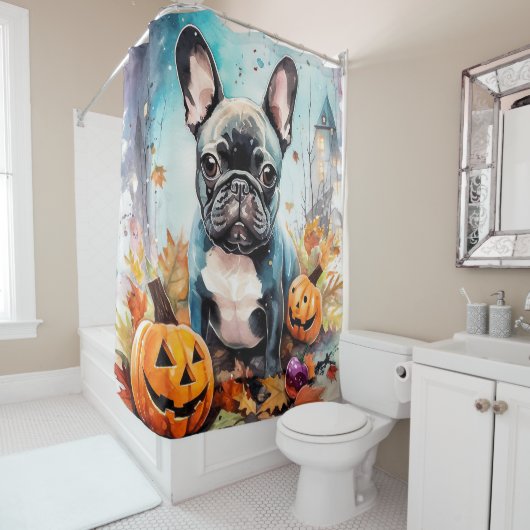 Halloween French bulldog met pompoenen eng Douchegordijn (In situ)