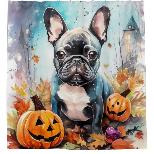 Halloween French bulldog met pompoenen eng Douchegordijn (Voorkant)