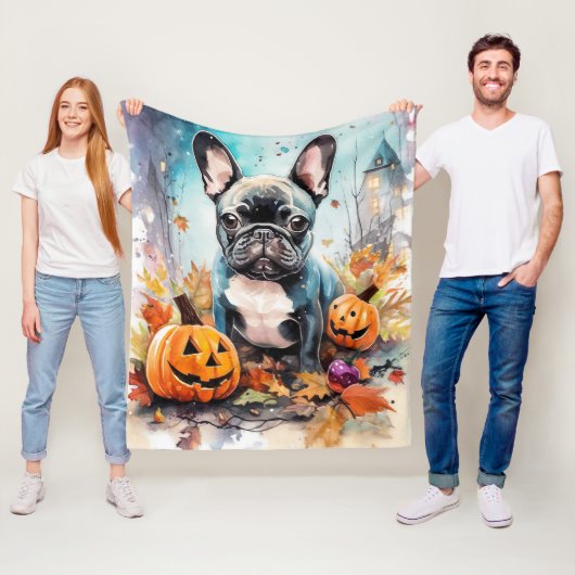 Halloween French bulldog met pompoenen eng Fleece Deken (In situ)