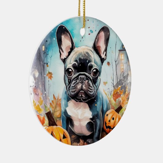 Halloween French bulldog met pompoenen eng Keramisch Ornament (Rechts)