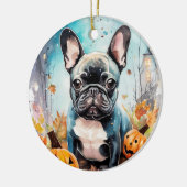 Halloween French bulldog met pompoenen eng Keramisch Ornament (Links)
