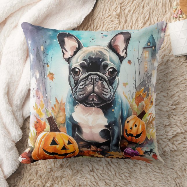 Halloween French bulldog met pompoenen eng Kussen (Deken)