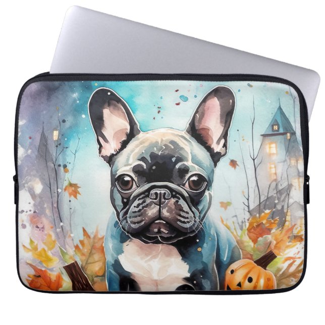 Halloween French bulldog met pompoenen eng Laptop Sleeve (Voorkant)