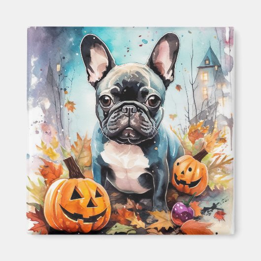 Halloween French bulldog met pompoenen eng Magneet (Voorkant)
